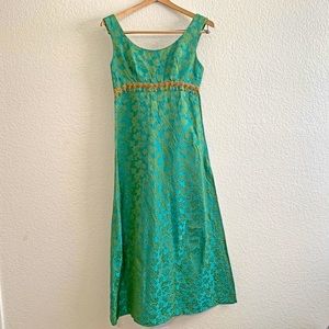 Vintage 1960s Handmade Empire Waist Green Blue Gold Brocade Gown Dress Small